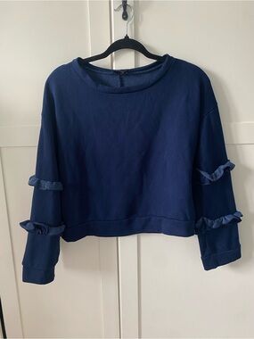 Dee Elly Women's Navy Ruffle-Sleeve Cropped Sweatshirt